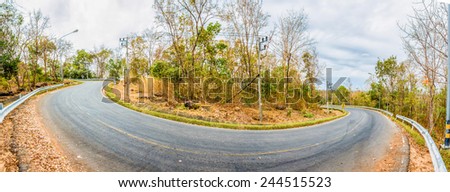 Panorama image of the road curved around like a snake in deciduous forests
