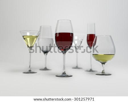red wine, White wine and water in glasses,selective focus on front object.