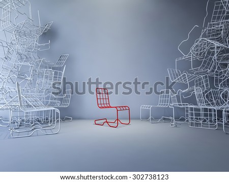 3Ds rendered image of red and white color steel wire chair