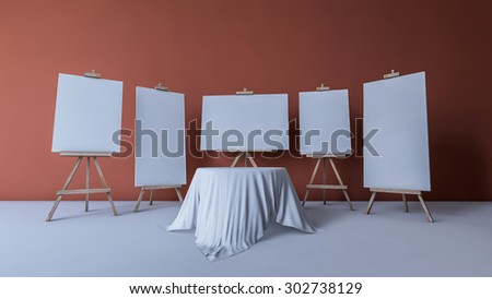 3Ds rendered image of tripods for painting and round table that covered by fabric, red color wall as background