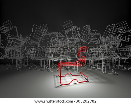 3Ds rendered image of red and white color steel wire chair