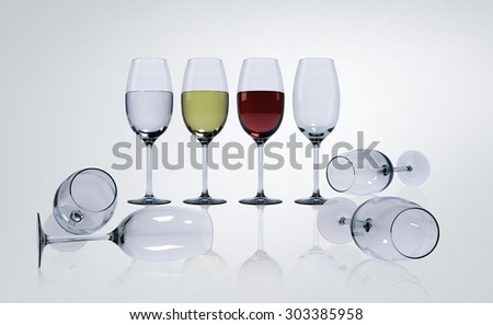 3D render image of red wine, White wine and water in glasses,