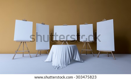 3Ds rendered image of tripods for painting and round table that covered by fabric, yellow color wall as background