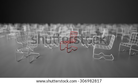 3Ds rendered image of red and white color steel wire chair, Selective focus on red chair