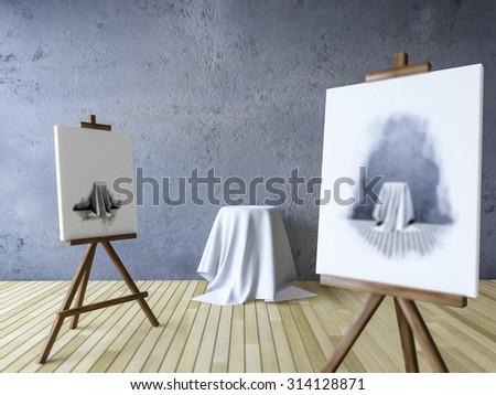 3Ds rendered image of tripods for painting and round table that covered by white fabric, Selective focus on round table covered by white fabric