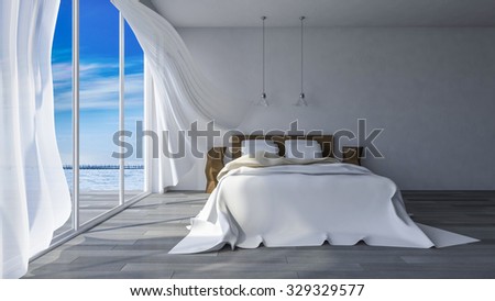 3ds rendered image of bed in seaside room which have cracked concrete wall  in day time, White fabric curtains being blown by wind from the sea