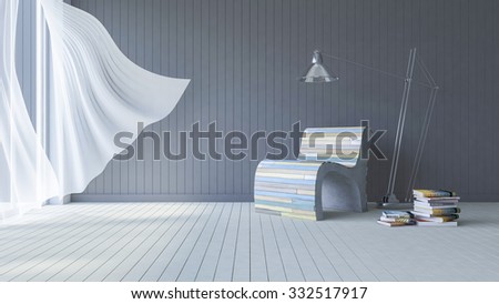 3ds rendered image of living room which have dark gray color wooden wall  and white color wooden floor and colorful old wooden sofa set, White fabric curtains being blown by wind from the sea