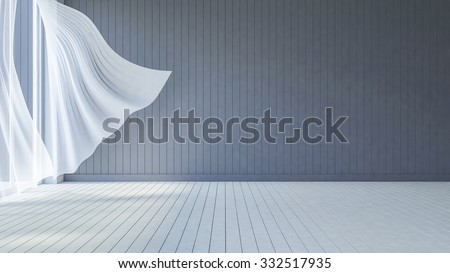 3ds rendered image of seaside room , White fabric curtains being blown by wind from the sea, dark gray wooden wall and white wooden floor