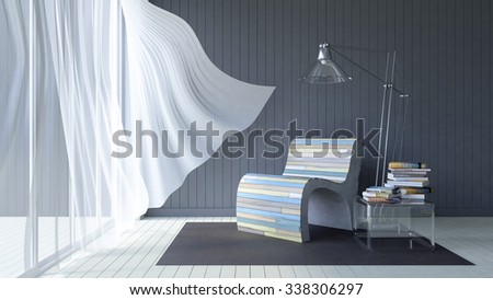 3ds rendered image of living room which have dark gray wooden wall and white wooden floor and colorful old wooden sofa set, White fabric curtains being blown by wind from the sea