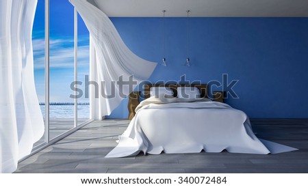 3ds rendered image of bed in seaside room which have blue color cracked concrete wall  in day time, White fabric curtains being blown by wind from the sea
