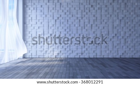 3ds rendered image of seaside room , White fabric curtains being blown by wind from the sea, Cubic wooden wall and floor
