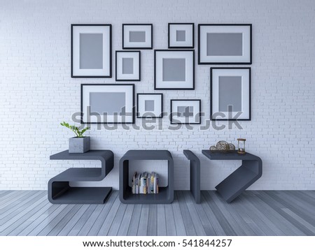 3d rendering image of 2017 shelf on wooden floor. A lot of photo frame hang on the brick wall. background for new year festival.