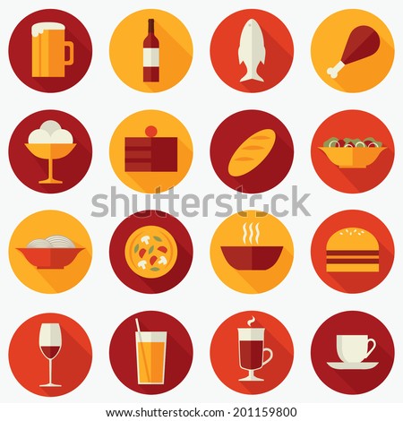 Set of flat design vector round icons for restaurant, food and drink: beer, wine, fish, meat, ice cream, cake, bread, salad, pasta, pizza, soup, burger, juice, mulled wine, coffee