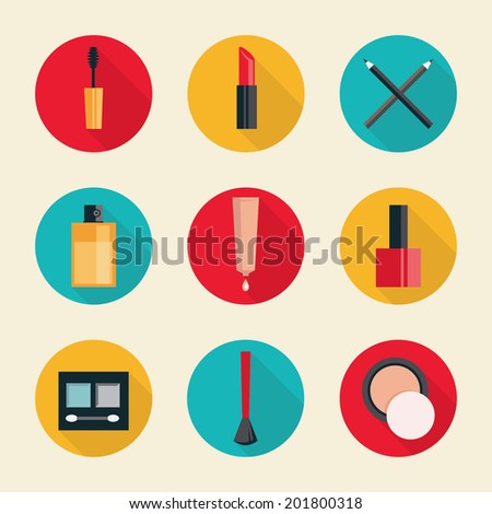 Set of colored flat design round vector icons for cosmetics makeup instruments Isolated on stylish background Set of colored flat design round vector icons for cosmetics makeup instruments Isolated on stylish background