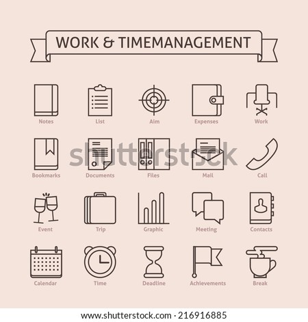 Set of vector line icons for productivity personal development timing time management work schedule planning working day events trips expenses reaching goals isolated on light background Set of vector line icons for productivity personal development timing time management work schedule planning working day events trips expenses reaching goals isolated on light background