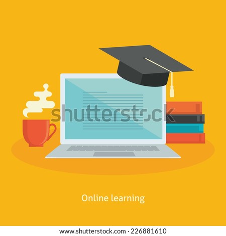 Flat design colorful vector illustration concept for distance education, online learning for web banners and print materials. Isolated on bright background