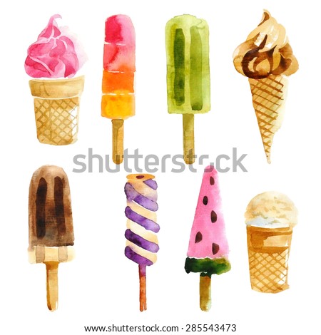 Watercolor ice cream on white background