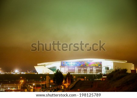 SAO PAULO, BRAZIL Ã¢Â?Â? June 11, 2014: Night view of Corinthians Arena one day before the opening game between Brazil and Croatia. No Use in Brazil.