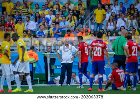 BELO HORIZONTE, BRAZIL - June 28, 2014: Coach Luiz Felipe Scolari of Brazil during the 2014 World Cup Round of 16 game between Brazil and Chile at Mineirao Stadium. No Use in Brazil.