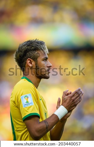 FORTALEZA, BRAZIL - July 4, 2014: Neymar of Brazil during the National Anthem at the FIFA 2014 World Cup quarter-final game between Brazil and Colombia at Estadio Castelao. No Use in Brazil.