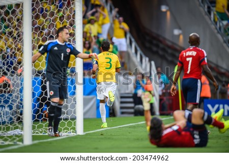 FORTALEZA, BRAZIL - July 4, 2014: Thiago Silva of Brazil celebrates after scoring a goal during the World Cup quarter-finals game between Brazil and Colombia at Estadio Castelao. NO USE IN BRAZIL.
