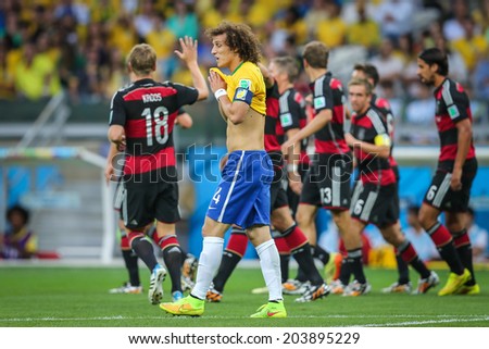 BELO HORIZONTE, BRAZIL - July 8, 2014: German players celebrate 7x1 victory during the World Cup Semi-Final match against Brazil at Mineirao Stadium. NO USE IN BRAZIL.