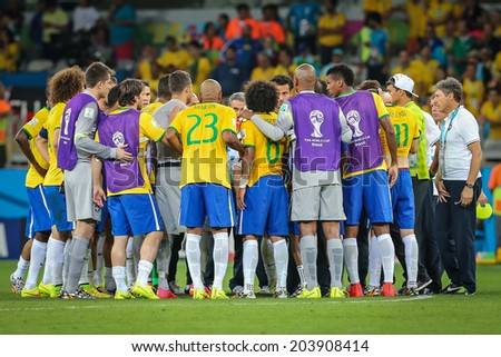 BELO HORIZONTE, BRAZIL - July 8, 2014: Brazil team after Germany 7x1 victory during the World Cup Semi-Final at Mineirao Stadium. NO USE IN BRAZIL.