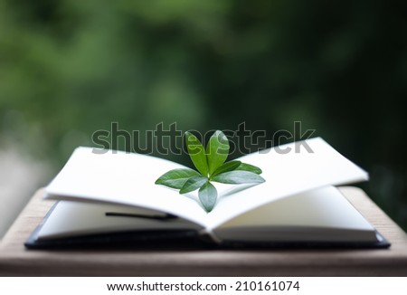books or notebook with leaves on neture background for knowledge and the brain with focus on green leaves