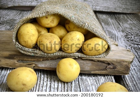 Potatoes in the sack on the rustic background.Selective focus.