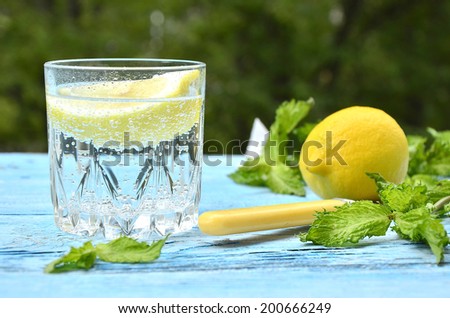 Gassed water with lemon in the glass.