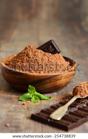Cocoa powder in a wooden bowl.