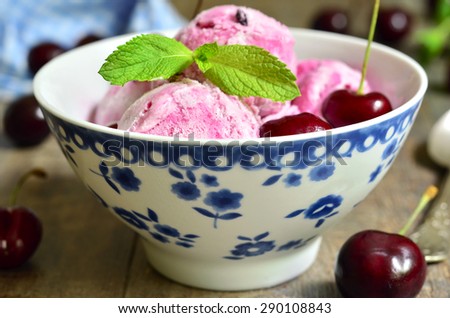 Homemade cherry ice cream.Vintage style.