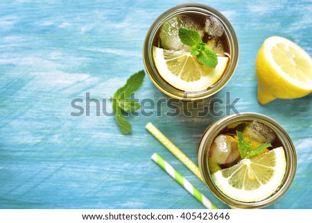 Iced lemon tea in a mason jar.Top view.