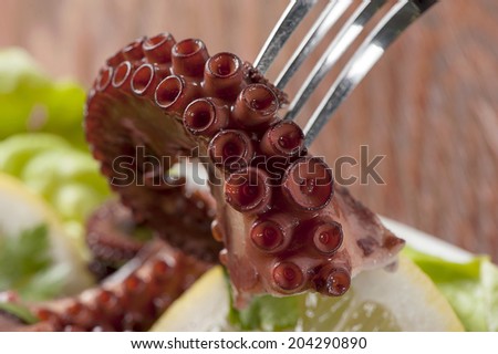 Octopus salad with lemon slice and lettuce