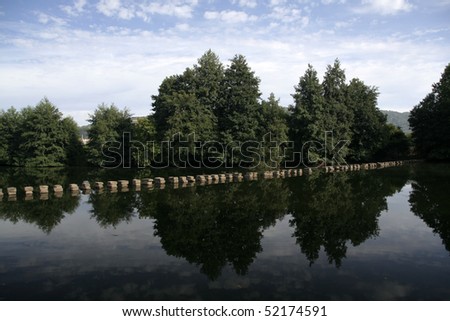 A row of stones and tree reflexion in water