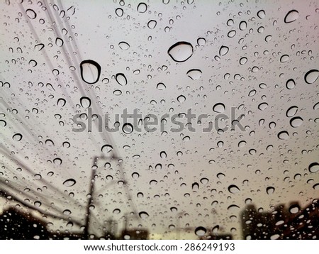 Close up to raindrop on window with dim sky