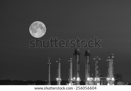 Power plant twilight with moon  black and white tone.