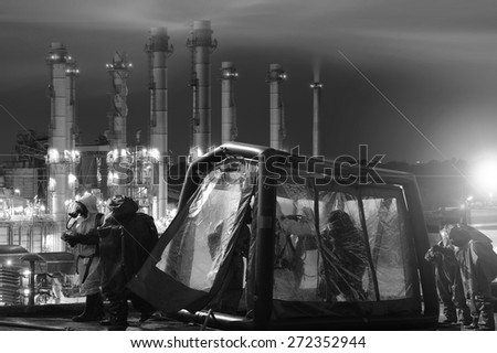 Decontamination station for emergency response Oil,refinery plant black and white tone.