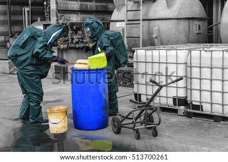 Chemical spill pollution at factory . Hazard emergency response concept . Oil spill pollution response  team .