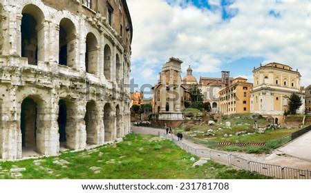 Rome, Italy - October 29, 2014: Tourists near Theater Of Marcellus. Theater begun by Julius Caesar in 46BC and completed by Augustus who in 22BC dedicated it to Marcus Claudius Marcellus.