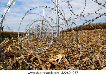 Barbed wire installing on the Hungarian-Croatian border Barbed wire installed due to the Refugee crisis on September 30, 2015 in Botovo-Croatia. Refugees walk across the border from Croatia to Hungary