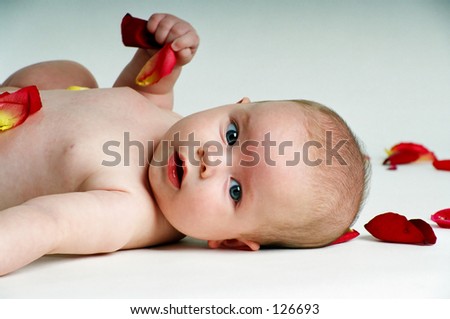 Infant on white background with rose petals