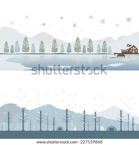 Set of Cabin on Lake and Camping on Mountain in Winter Landscape