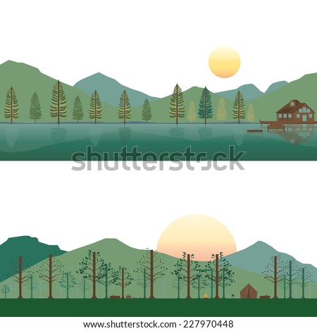 Set of Cabins on Lake and Camping on Mountain in Summer and Spring Landscape