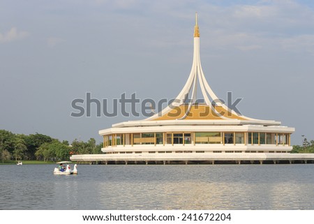 people enjoy their resting on  boat in the lake of Suanluang RAMA IX public park on November 10, 2014 in Bangkok, Thailand.