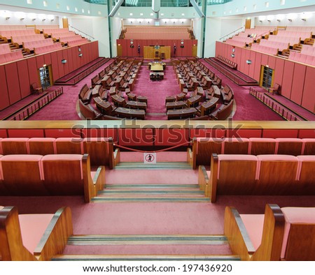 CANBERRA, AUSTRALIA - Jun 08, 2014: Interior view of Australian Senate in Parliament of Australia, Canberra, Australia