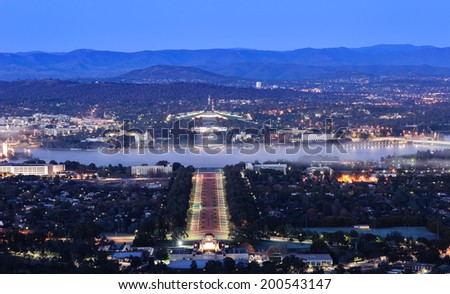 CANBERRA, AUSTRALIA - 7 JUNE 2014: Bird\'s eye view of Canberra city at night as seen from Mount Ainslie