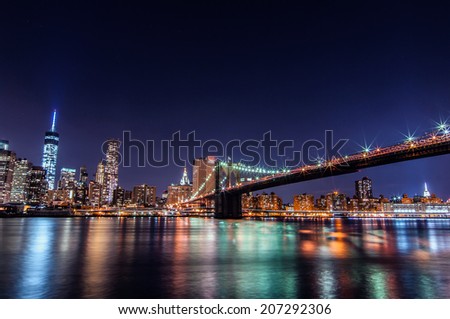 Downtown Manhattan night view from Brooklyn Bridge Park