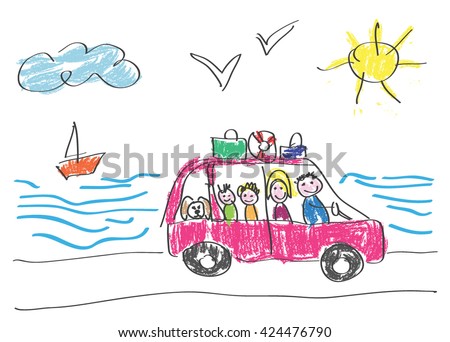Vector drawing made by a child, happy family that goes on vacation to the sea by car