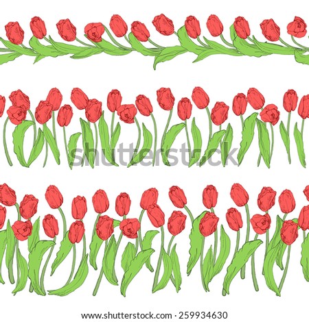 3 floral decorations elements seamless borders. Flowers tulips.